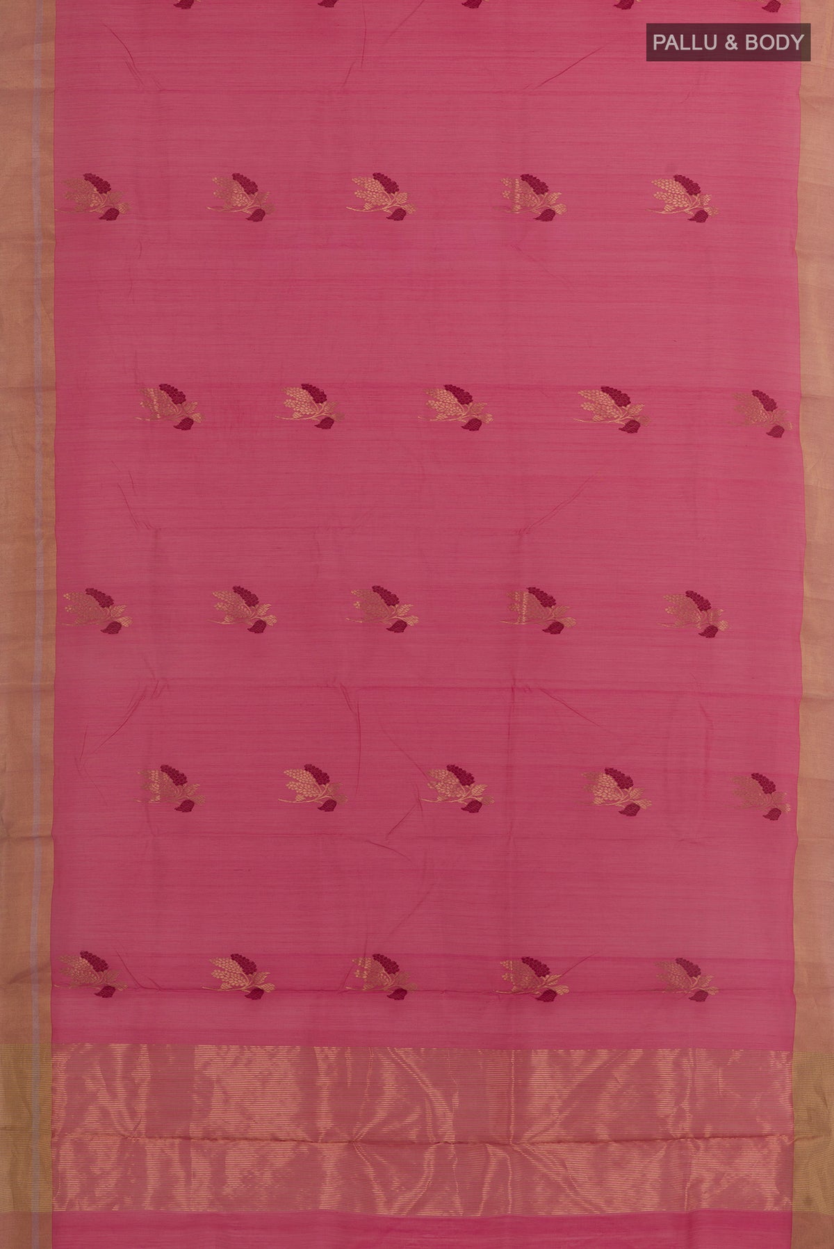 Flat view of Pink Chanderi Silk Cotton Saree with Zari Butta on the body and Zari Border. 