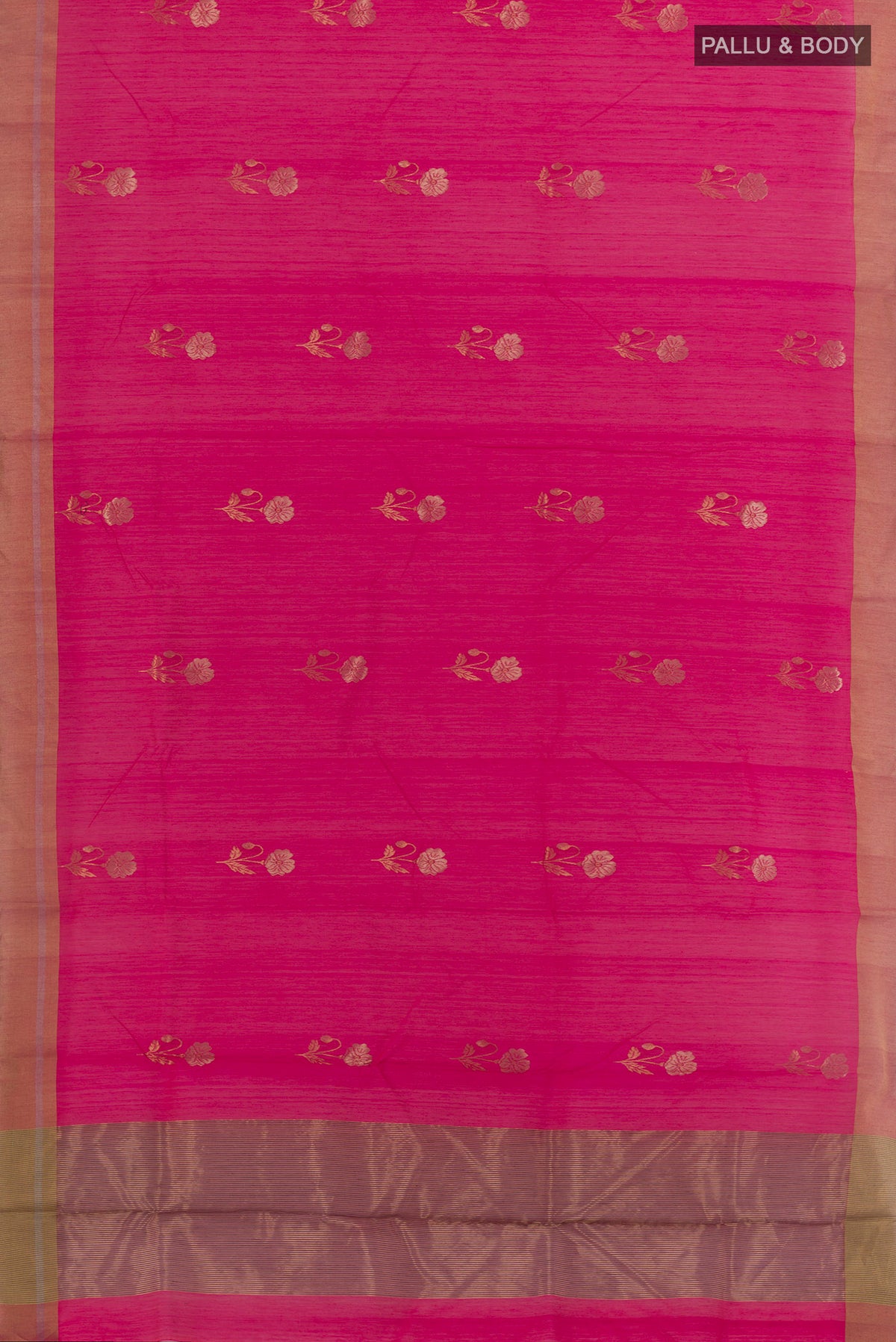 Flat view of Pure Silk Pink Chanderi Cotton Saree with Zari Butta on the body and Zari Border. 