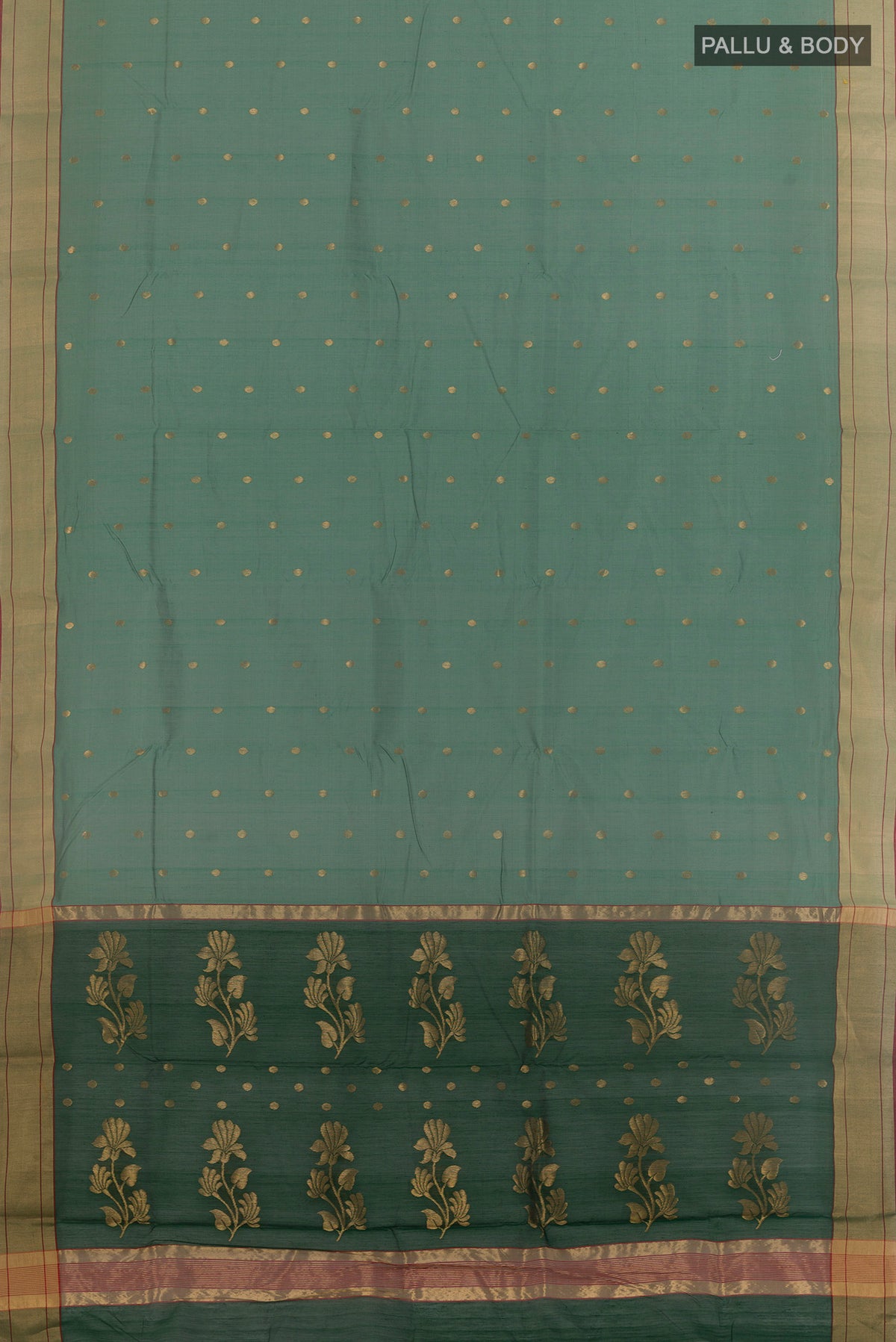 Flat view of Pure Silk Green Chanderi Silk Cotton Saree with Zari Butta on the body and Zari Border. 