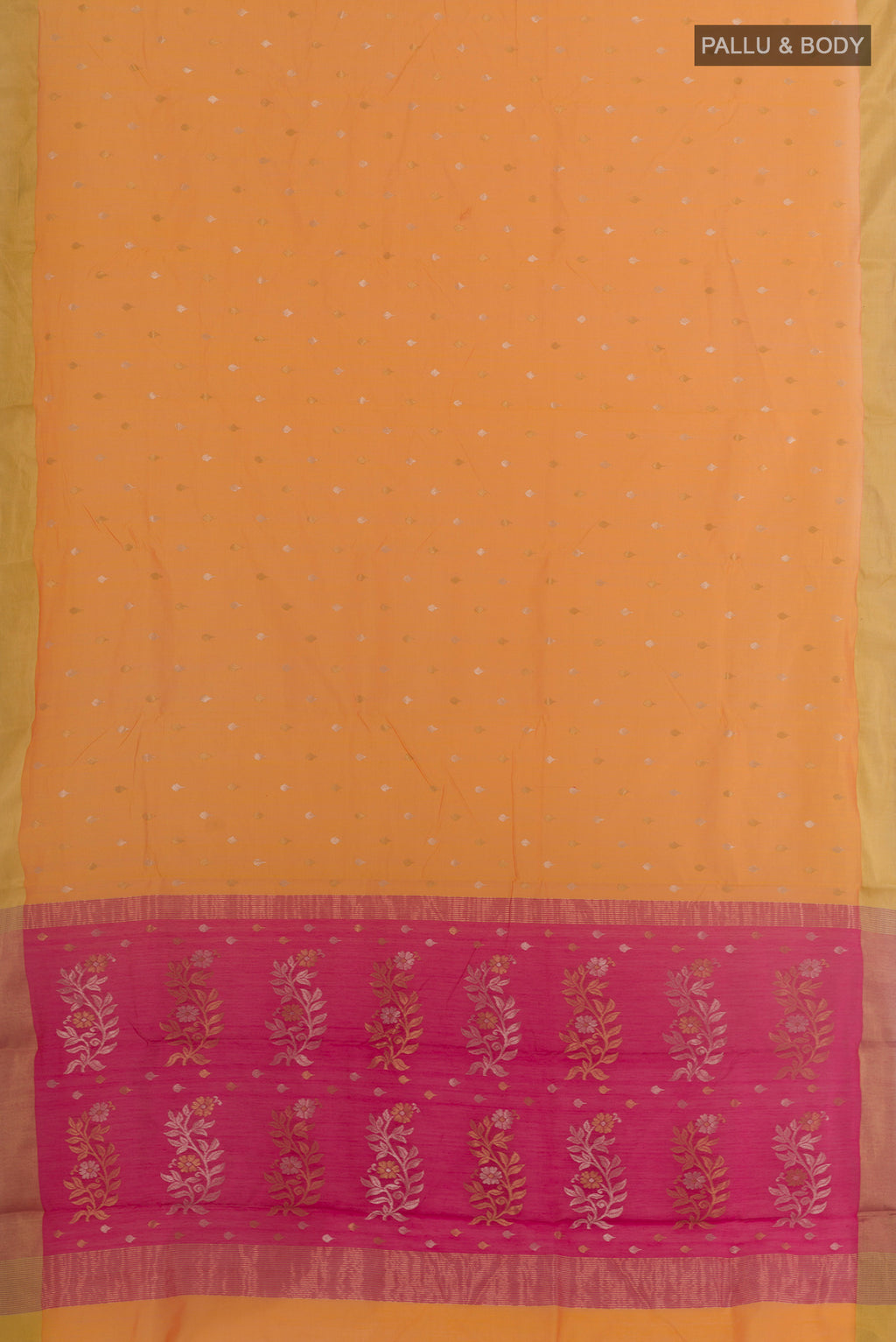 Flat view of Yellow Chanderi Silk Cotton Saree with Zari Butta on the body and Zari Border. 