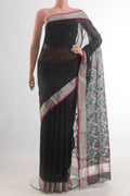 Pure Silk Black Chanderi Cotton Saree with Zari Butta on the body and Zari Border.  displayed on a mannequin