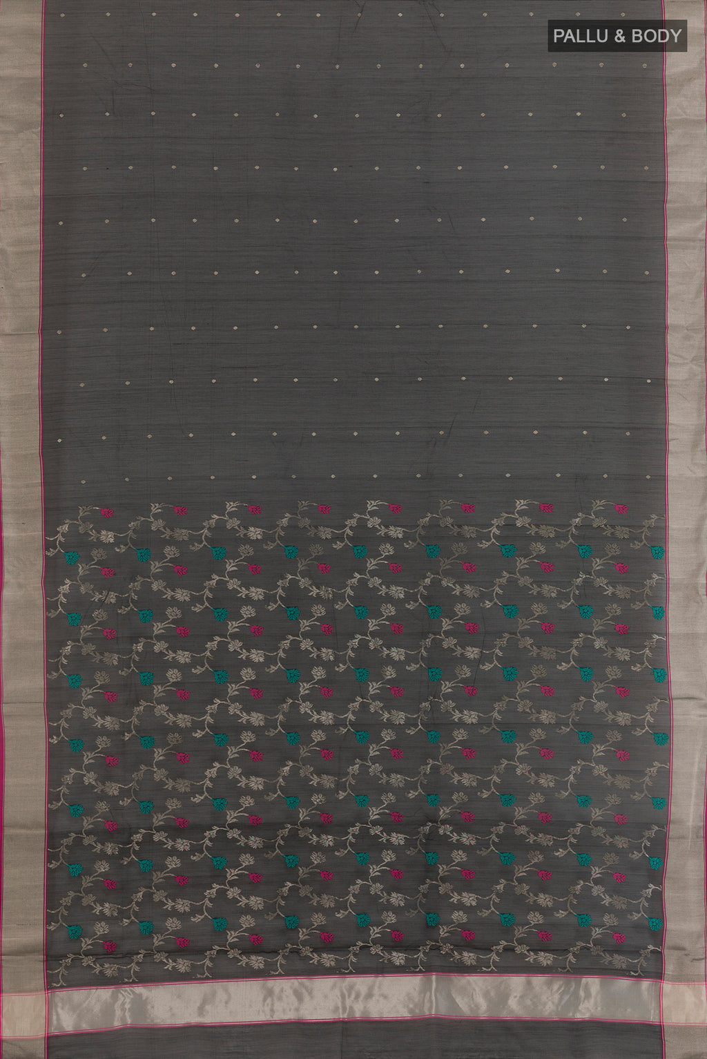 Flat view of Pure Silk Black Chanderi Cotton Saree with Zari Butta on the body and Zari Border. 