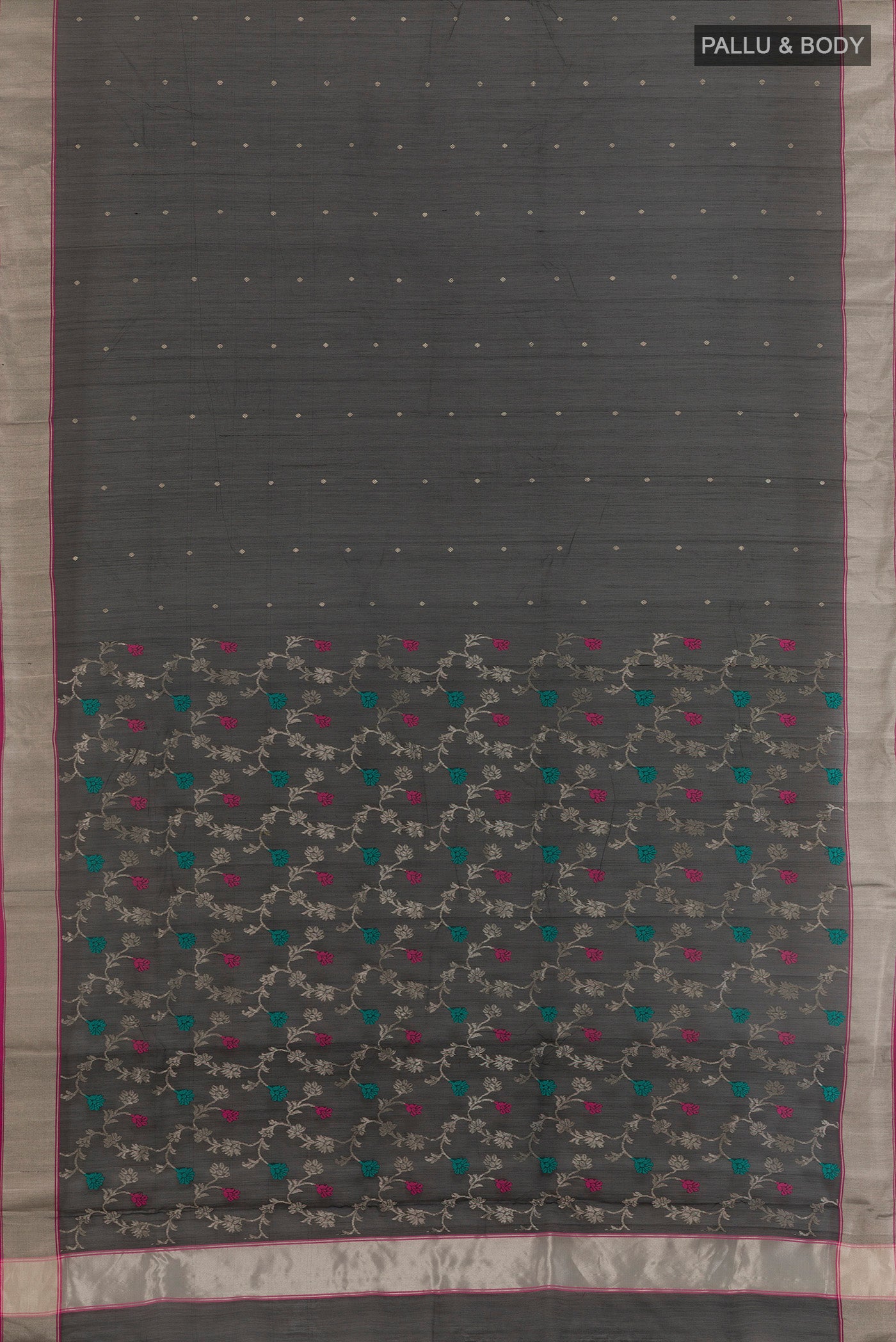 Flat view of Pure Silk Black Chanderi Cotton Saree with Zari Butta on the body and Zari Border. 