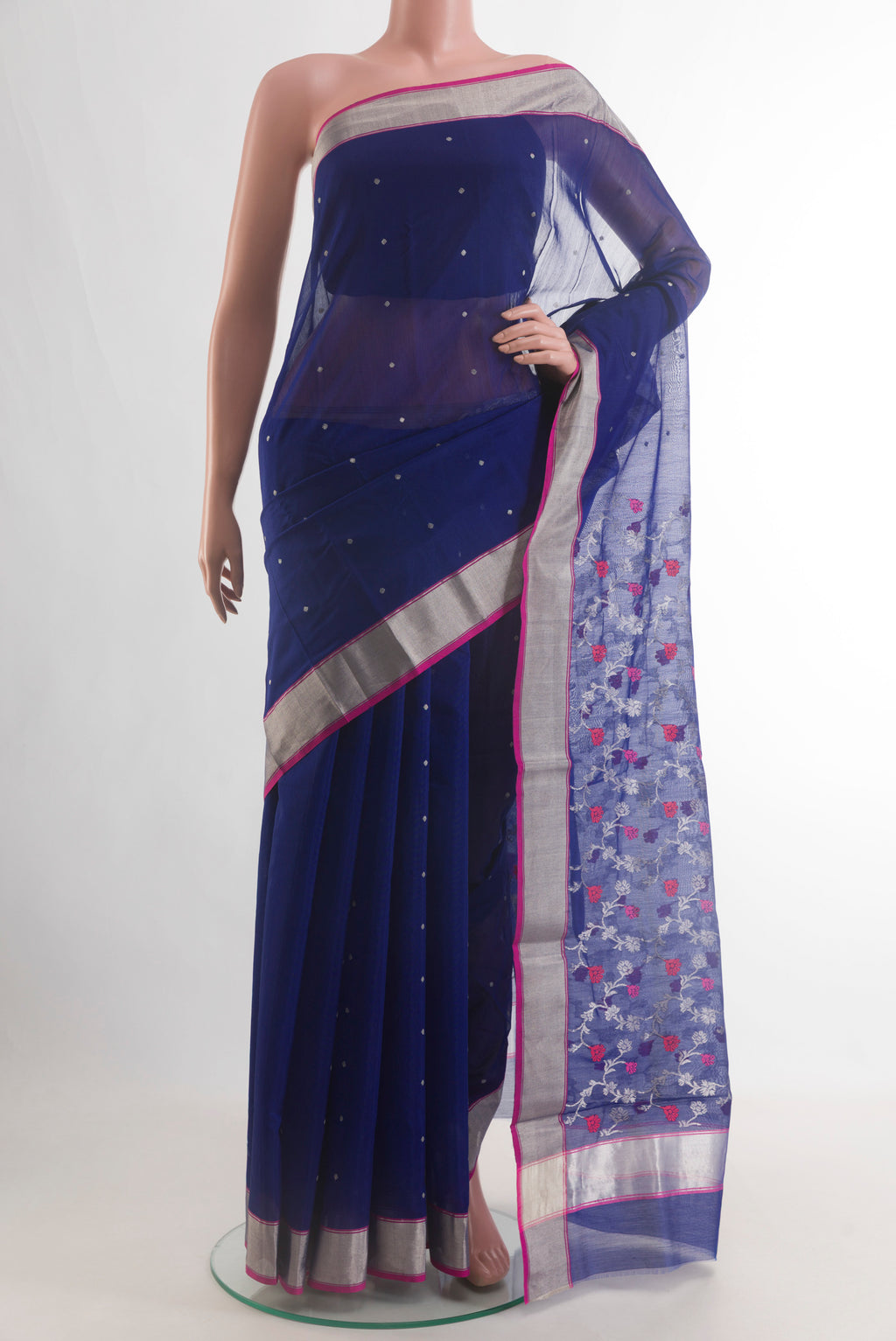Pure Silk Dark Blue Chanderi Cotton Nine Yards Saree with Zari Butta on the body and Zari Border.  displayed on a mannequin