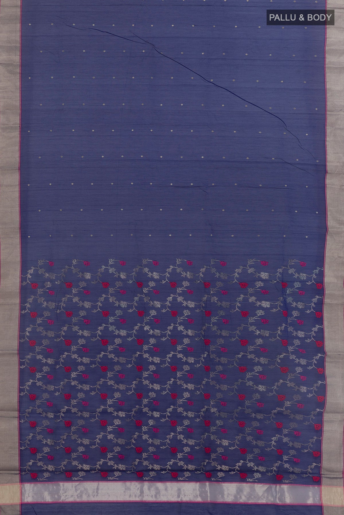 Flat view of Pure Silk Dark Blue Chanderi Cotton Nine Yards Saree with Zari Butta on the body and Zari Border. 