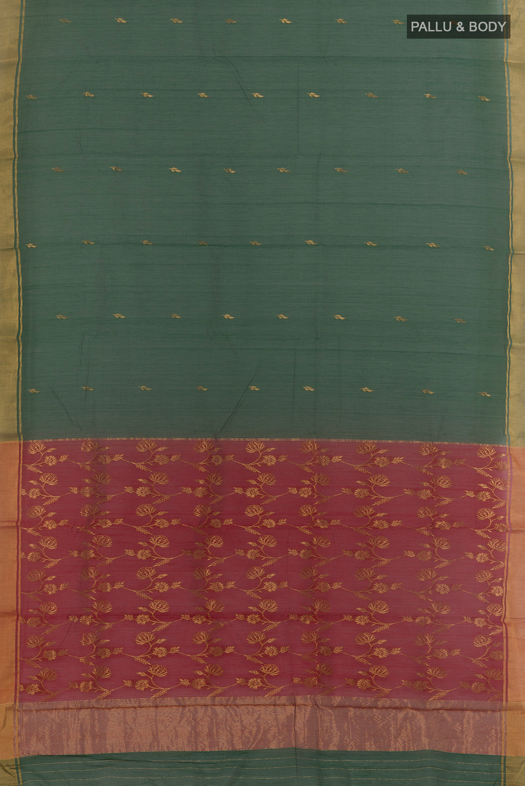 Flat view of Pure Silk Bottle Green Chanderi Cotton Saree with Zari Butta on the body and Zari Border. 