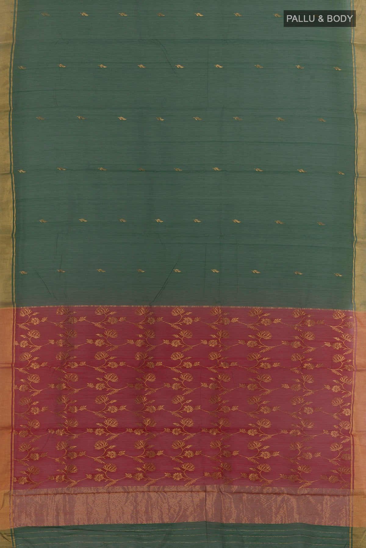 Flat view of Pure Silk Bottle Green Chanderi Cotton Saree with Zari Butta on the body and Zari Border. 