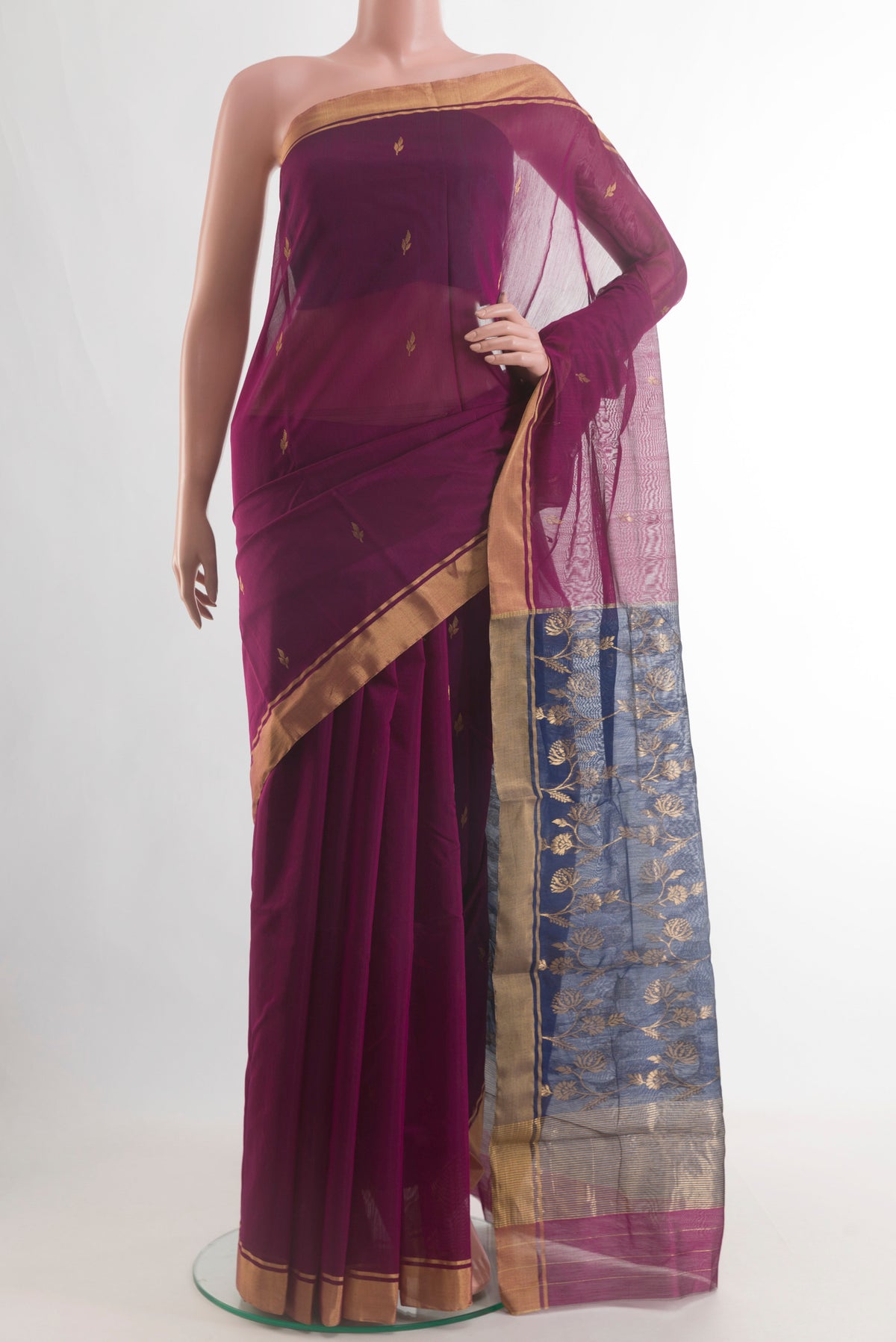 Purple Chanderi Silk Cotton Saree with Zari Butta on the body and Zari Border.  displayed on a mannequin