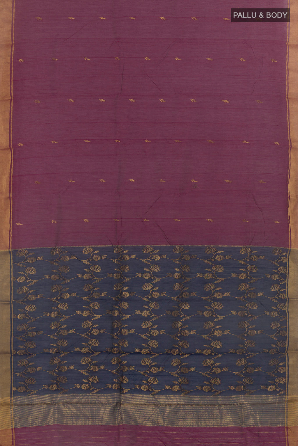 Flat view of Purple Chanderi Silk Cotton Saree with Zari Butta on the body and Zari Border. 