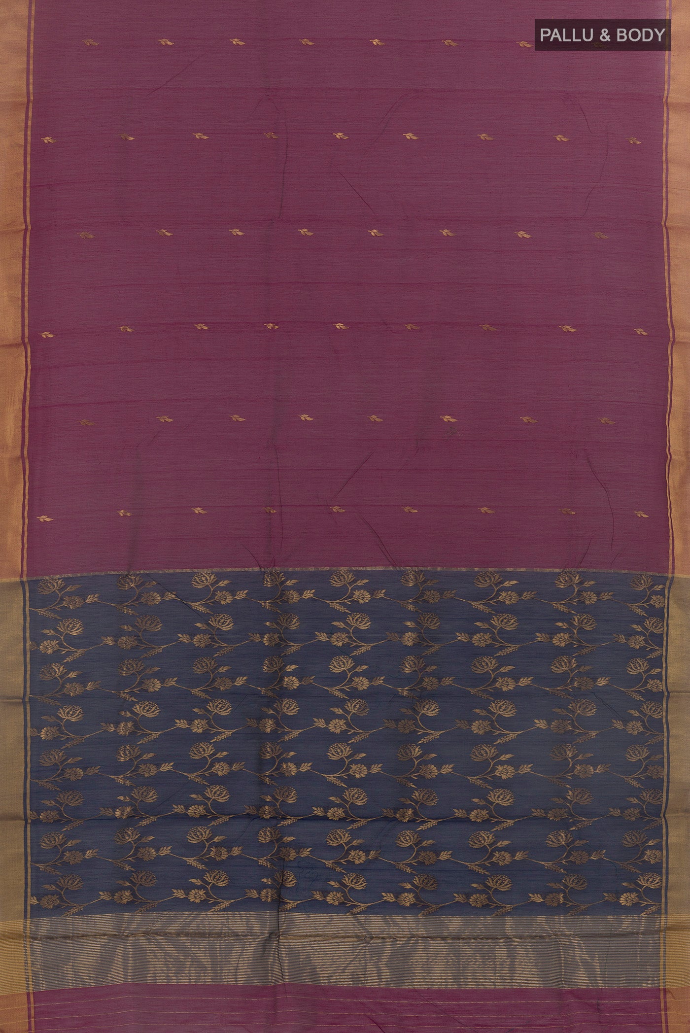 Flat view of Purple Chanderi Silk Cotton Saree with Zari Butta on the body and Zari Border. 