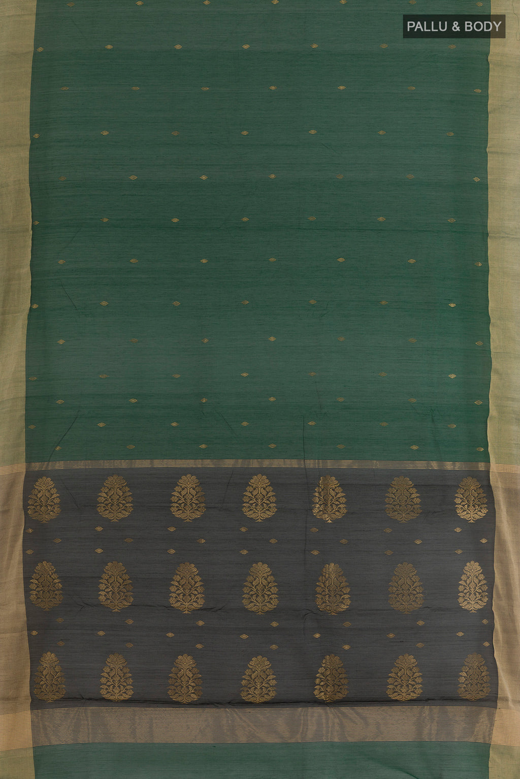 Flat view of Bottle Green Chanderi Cotton Saree with Zari Butta on the body and Zari Border. 