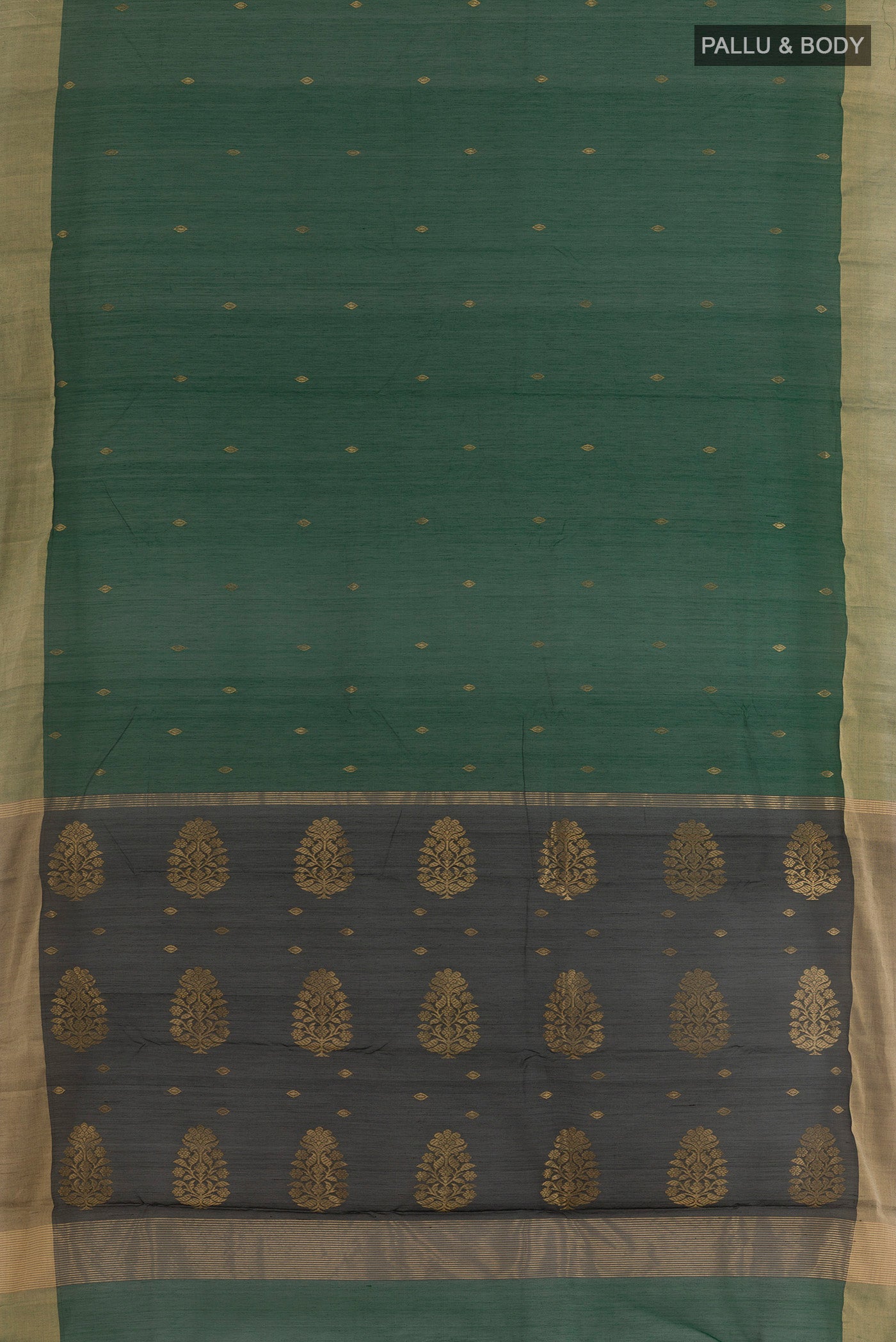 Flat view of Bottle Green Chanderi Cotton Saree with Zari Butta on the body and Zari Border. 