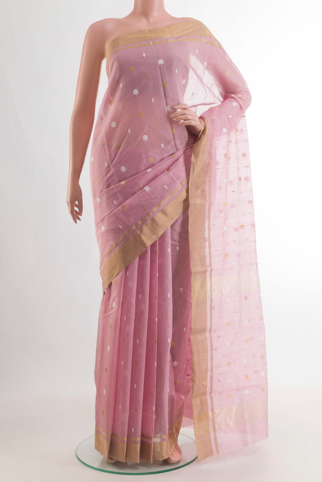Rose pink Chanderi Cotton Saree with Zari Butta on the body and Zari Border.  displayed on a mannequin