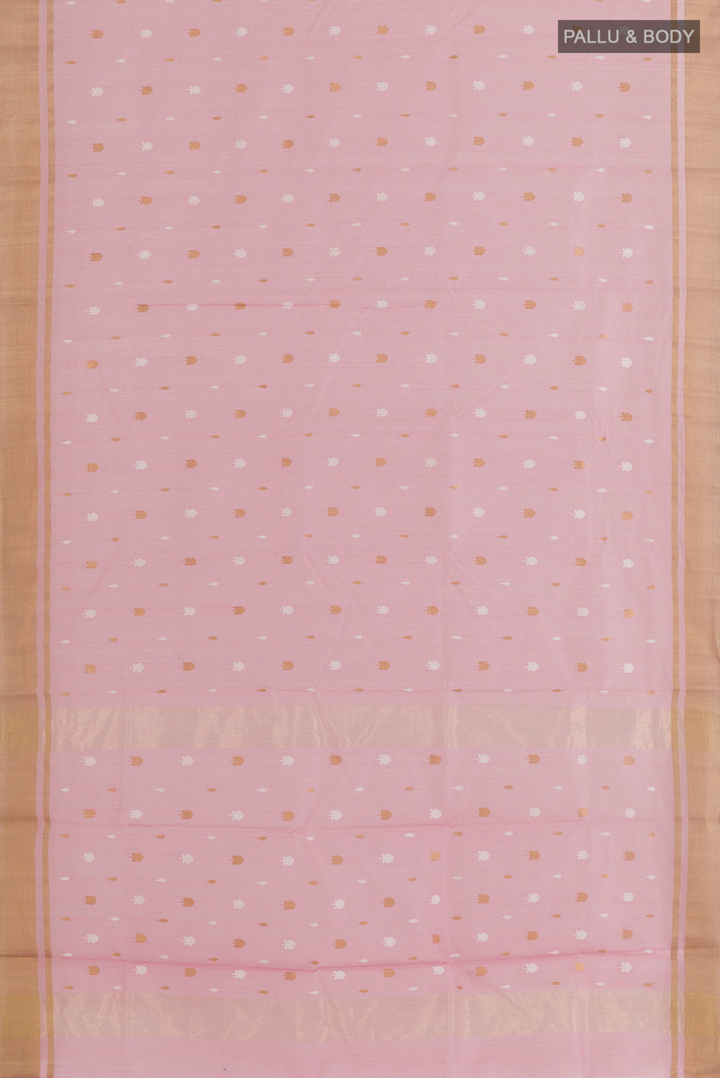 Flat view of Rose pink Chanderi Cotton Saree with Zari Butta on the body and Zari Border. 