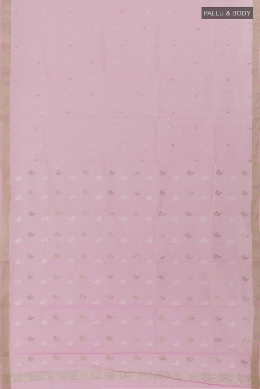 Flat view of Pure Silk Rose pink Chanderi Cotton Saree with Zari Butta on the body and Zari Border. 