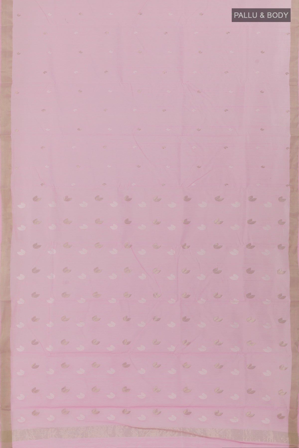 Flat view of Pure Silk Rose pink Chanderi Cotton Saree with Zari Butta on the body and Zari Border. 