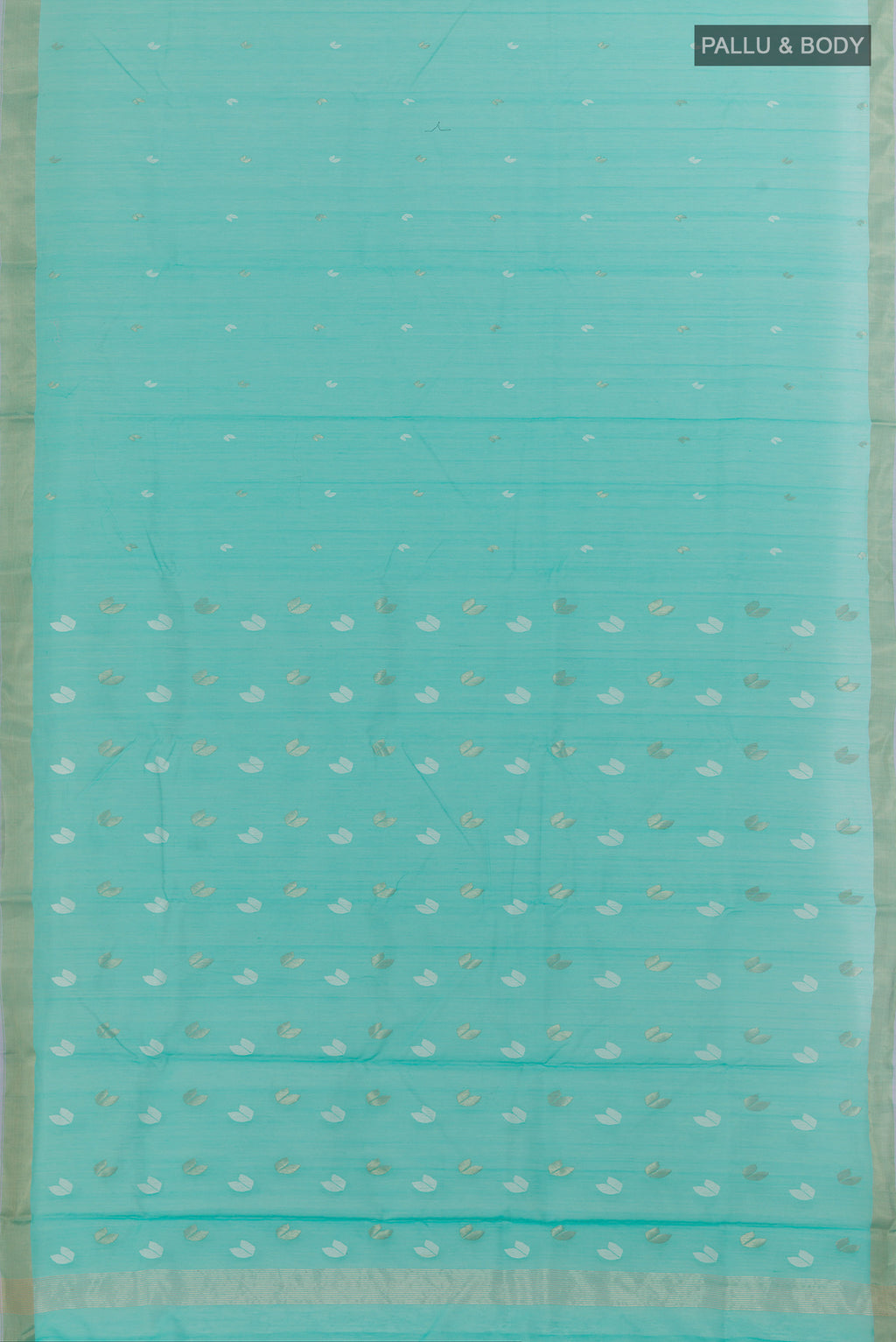 Flat view of Pure Silk Sky Blue Chanderi Cotton Saree with Zari Butta on the body and Zari Border. 