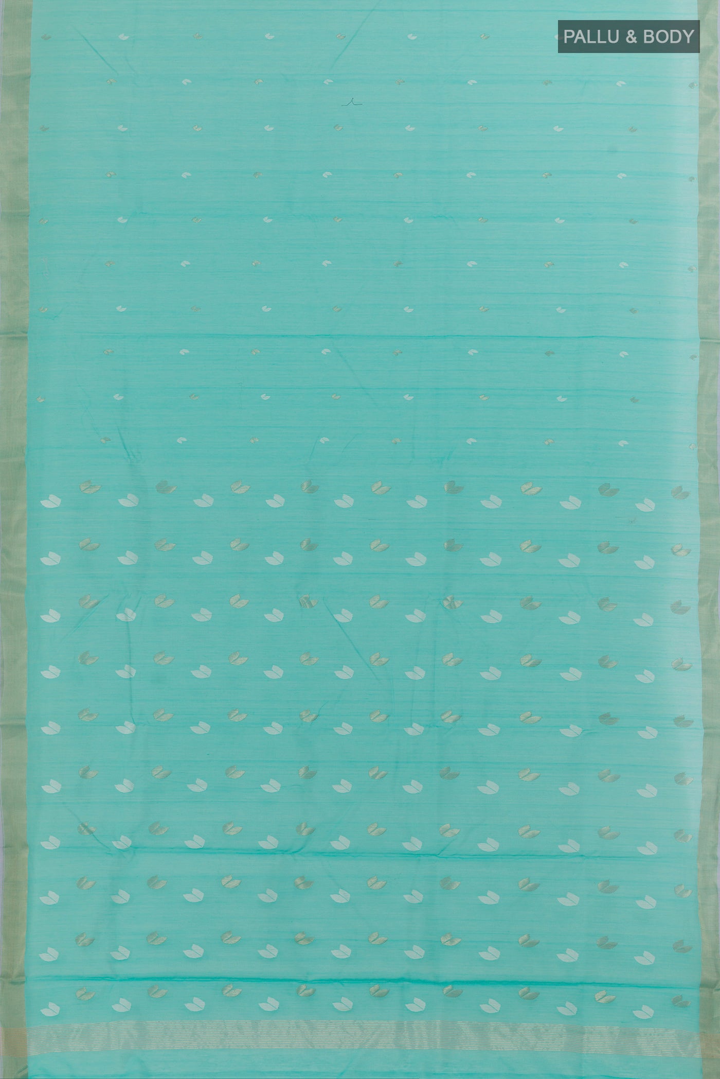 Flat view of Pure Silk Sky Blue Chanderi Cotton Saree with Zari Butta on the body and Zari Border. 