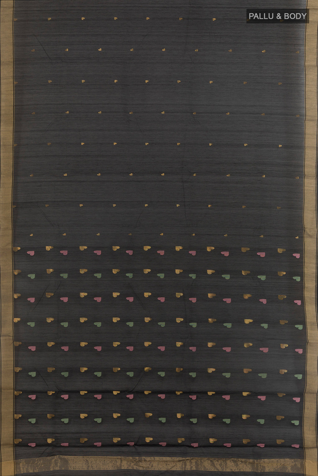 Flat view of Pure Silk Black Chanderi Cotton Saree with Zari Butta on the body and Zari Border. 