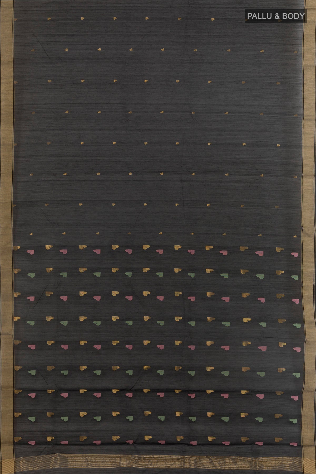 Flat view of Pure Silk Black Chanderi Cotton Saree with Zari Butta on the body and Zari Border. 