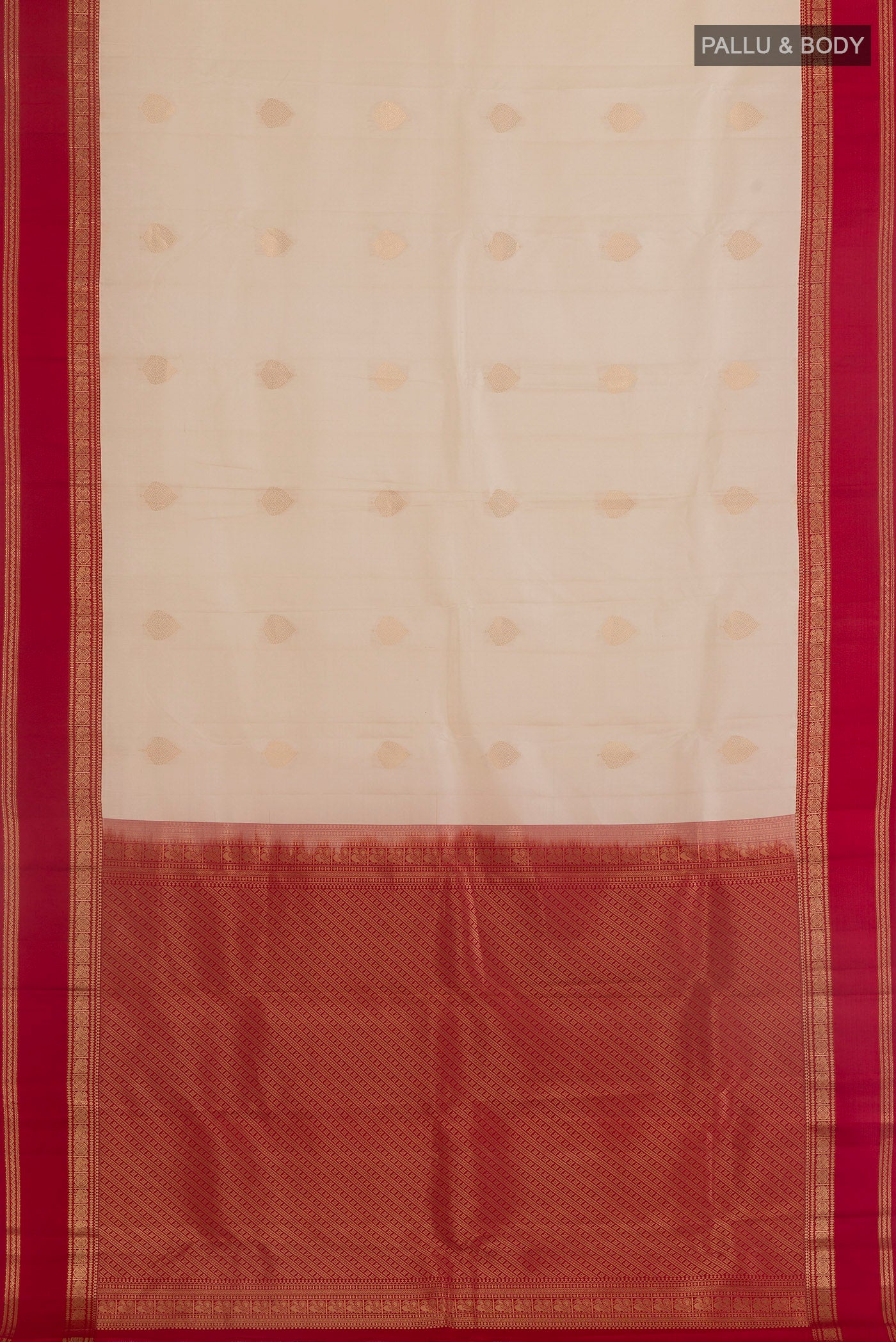 Flat view of Pure Silk Off White Kanjivaram Saree with Zari Butta on the body and Zari Border. 