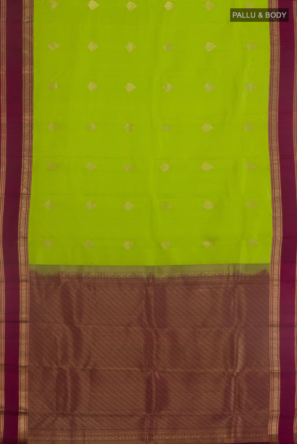 Flat view of Pure Silk Parrot Green Kanjivaram Saree with Zari Butta on the body and Zari Border. 