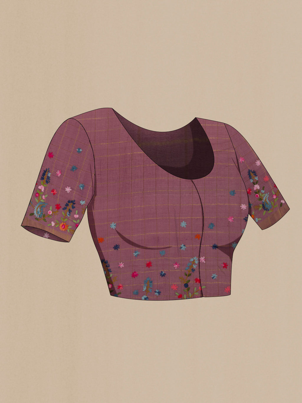 Close up image of the blouse of Lavender Tussar Saree with Checked design on the body and Zari Border. 
