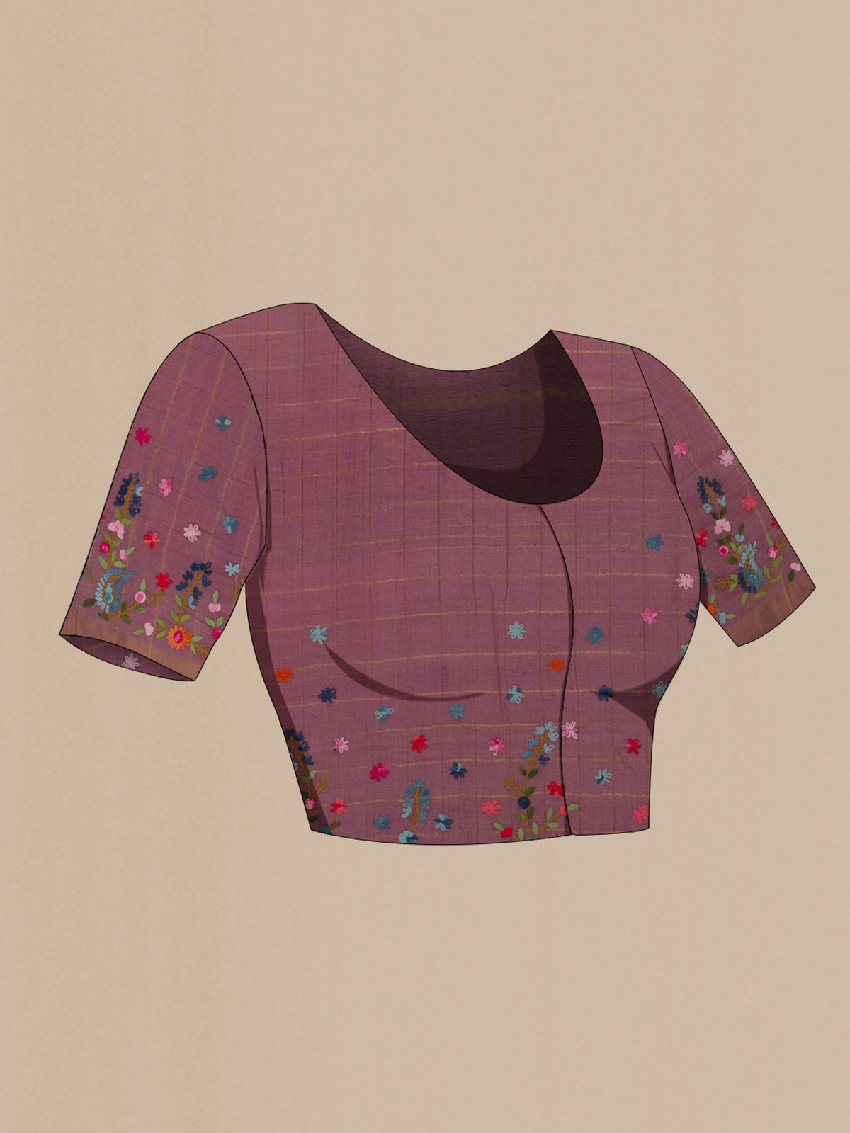 Close up image of the blouse of Lavender Tussar Saree with Checked design on the body and Zari Border. 
