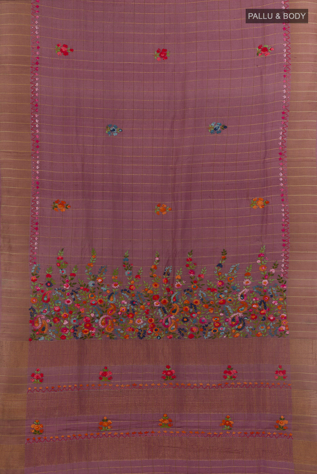 Flat view of Lavender Tussar Saree with Checked design on the body and Zari Border. 