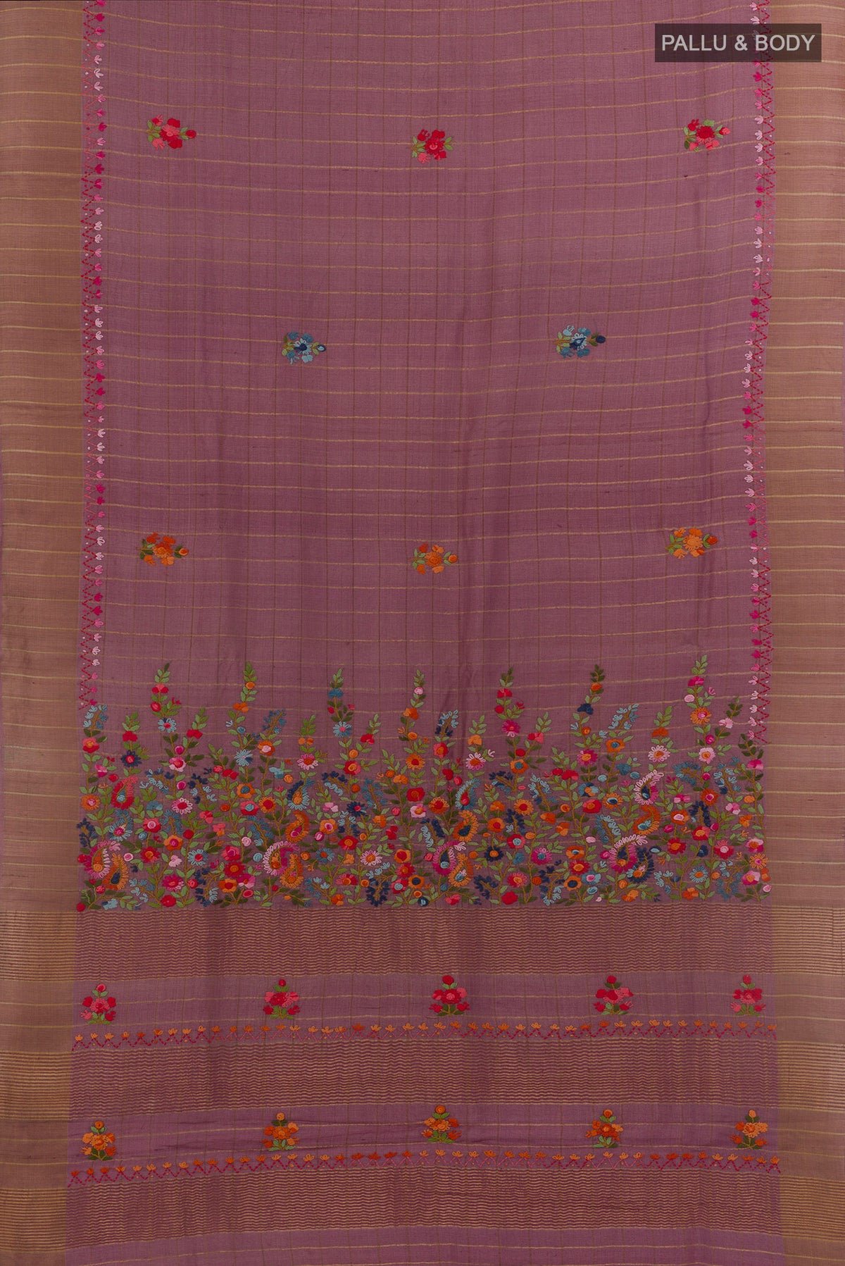 Flat view of Lavender Tussar Saree with Checked design on the body and Zari Border. 