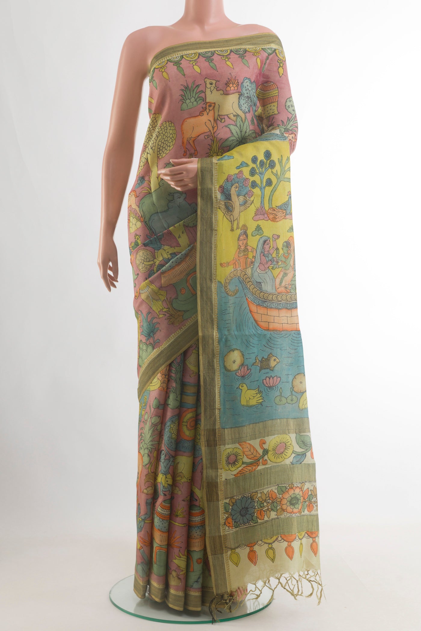 Multi Color Tussar Saree with Embroidery on the body and Zari Border.  displayed on a mannequin
