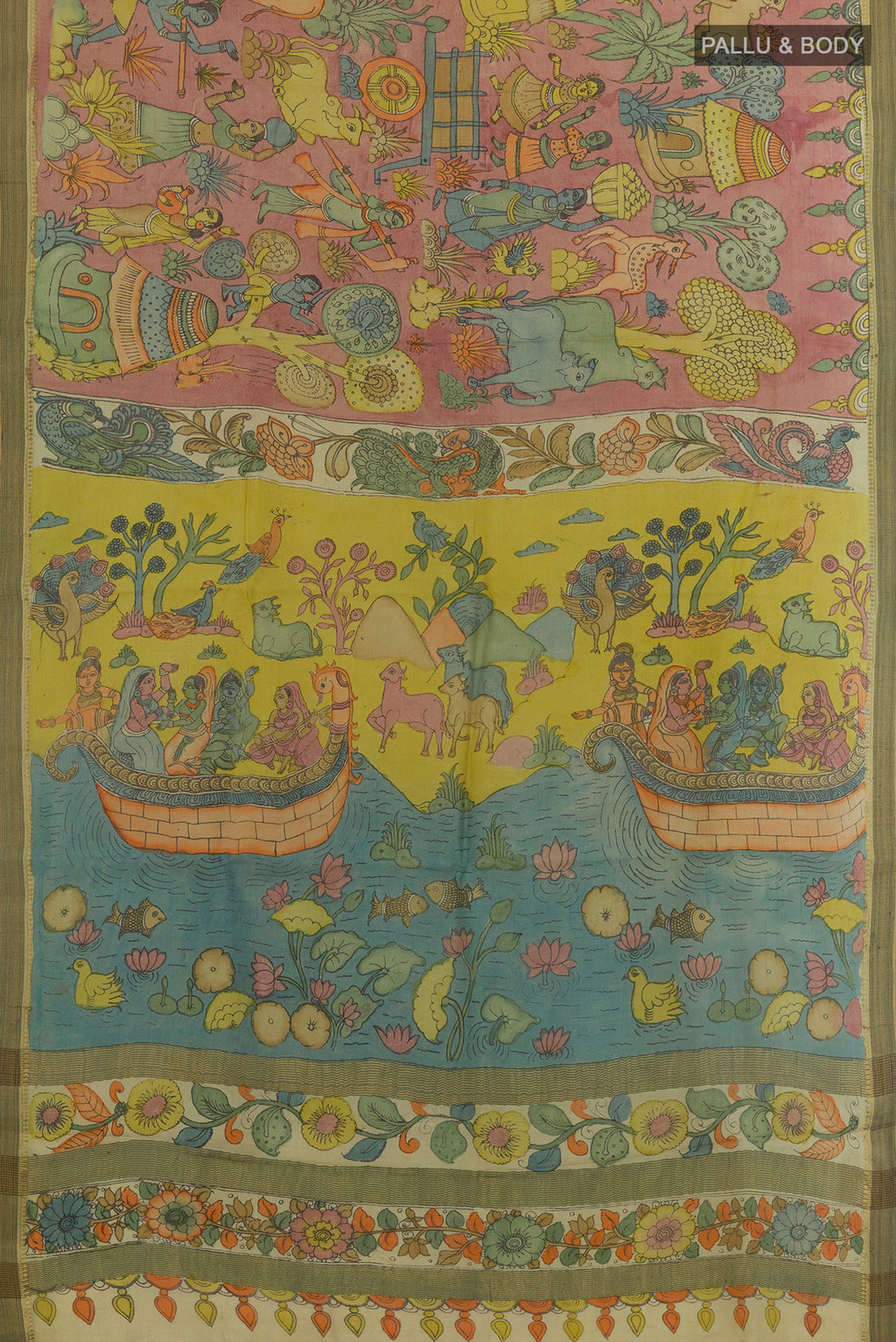Flat view of Multi Color Tussar Saree with Embroidery on the body and Zari Border. 