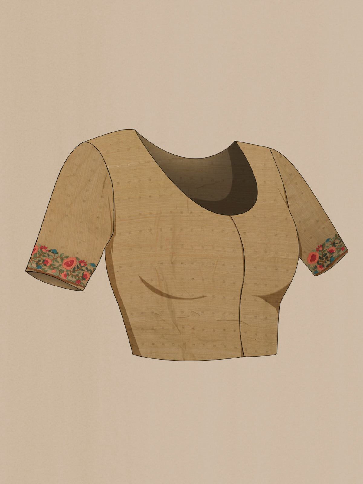 Close up image of the blouse of Beige Tussar Saree with Embroidery on the body and Zari Border. 