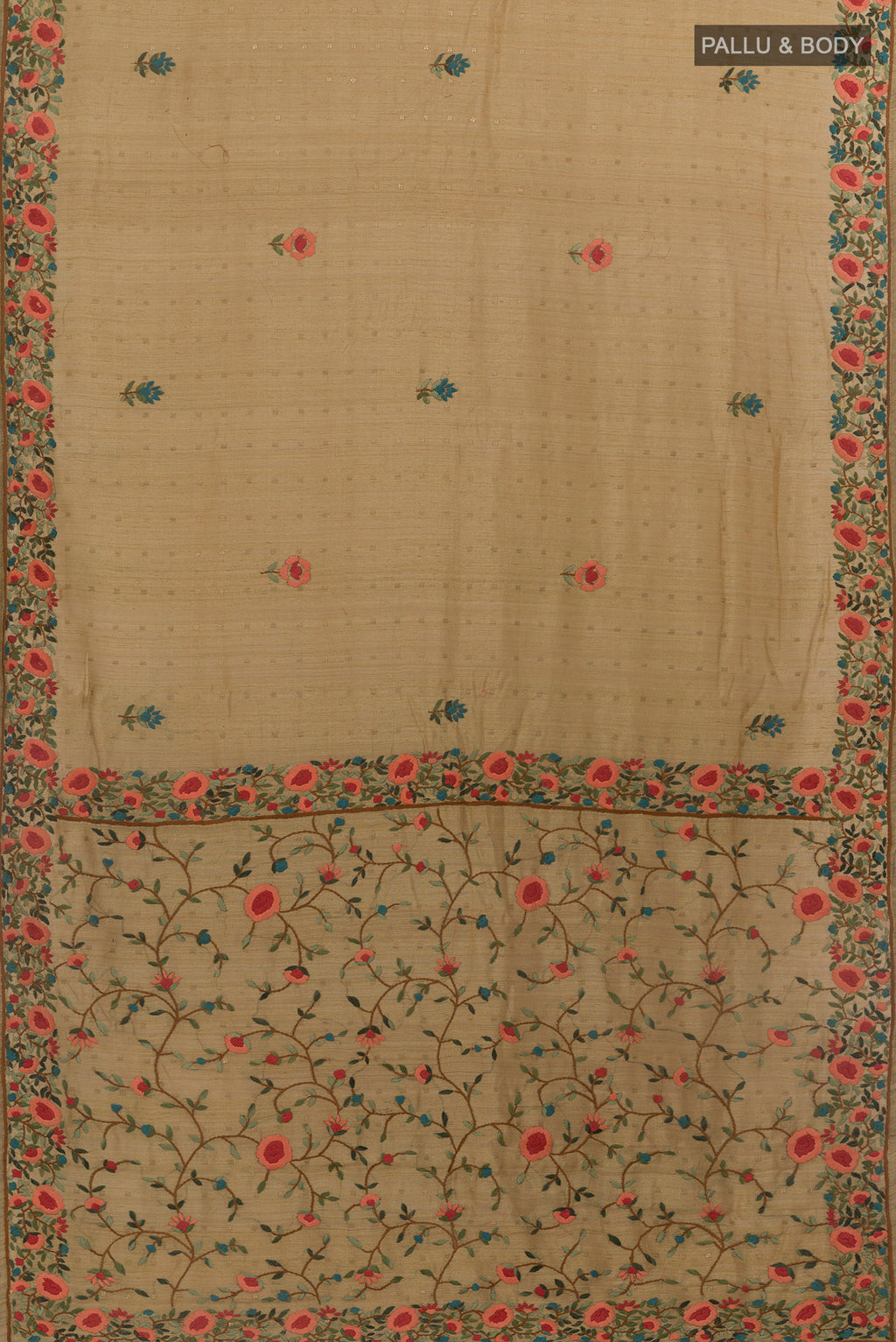 Flat view of Beige Tussar Saree with Embroidery on the body and Zari Border. 