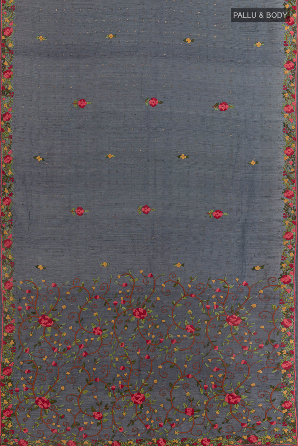 Flat view of Blue Grey Tussar Saree with Embroidery on the body and Embroidery Border. 