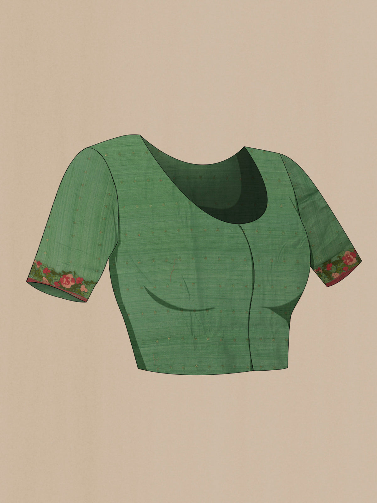 Close up image of the blouse of Green Tussar Saree with Embroidery on the body and Embroidery Border. 