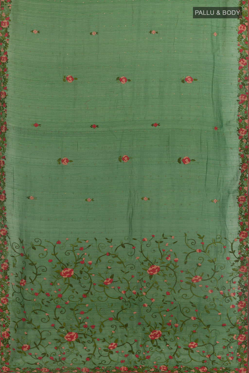 Flat view of Green Tussar Saree with Embroidery on the body and Embroidery Border. 