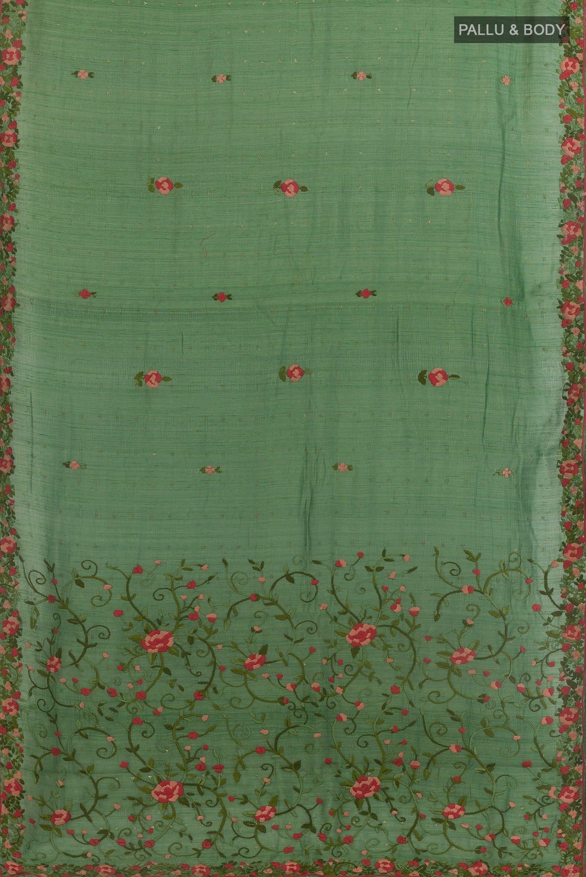 Flat view of Green Tussar Saree with Embroidery on the body and Embroidery Border. 