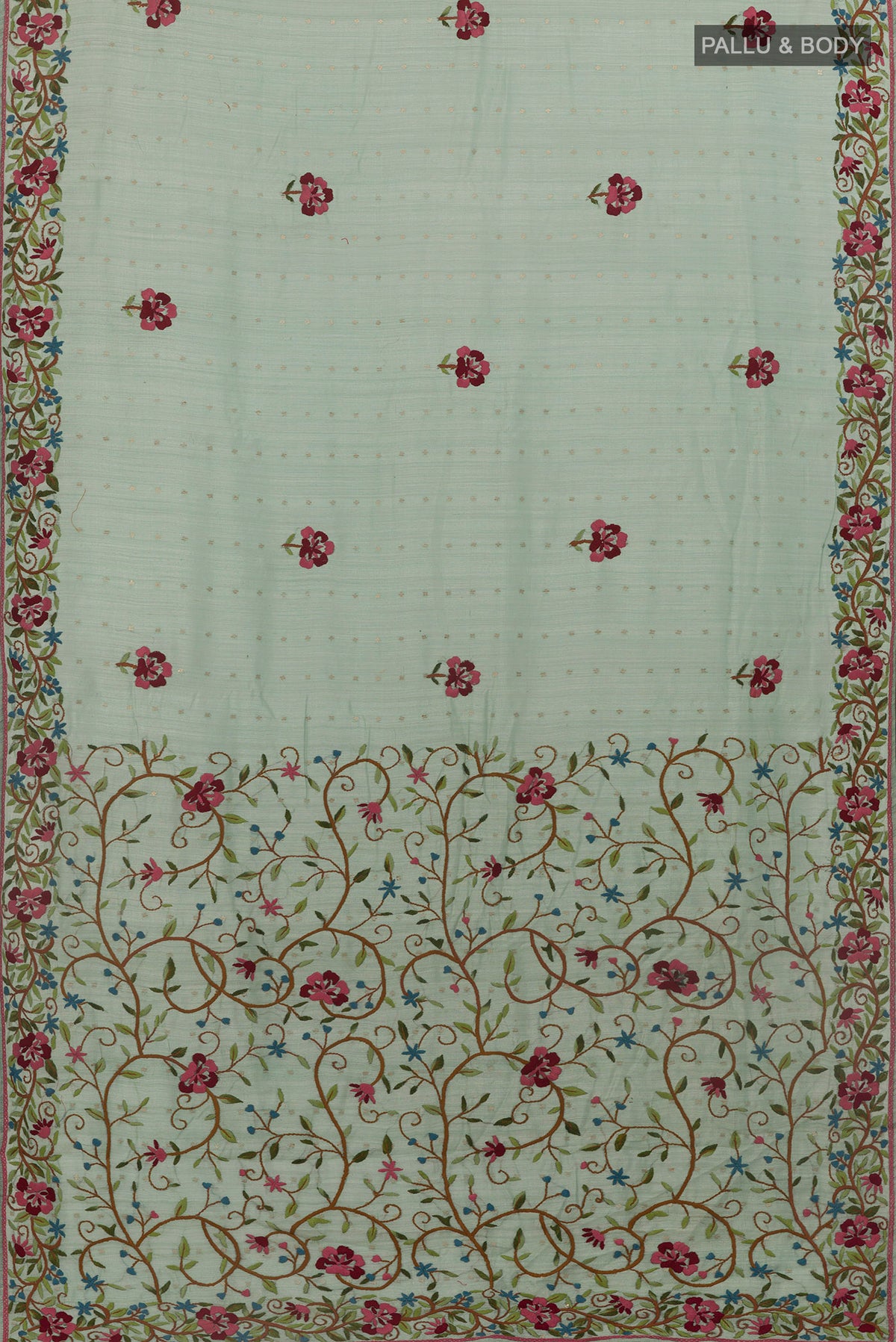 Flat view of Light Blue Tussar Saree with Embroidery on the body and Embroidery Border. 