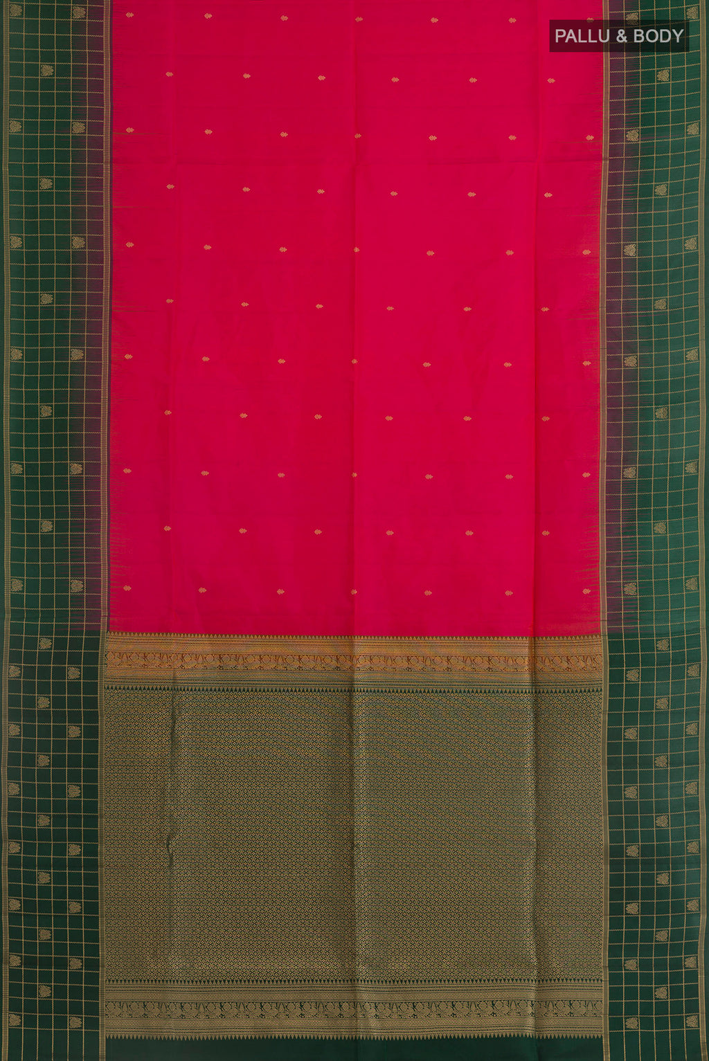 Flat view of Pure Silk Pink Soft Saree with Zari Butta on the body and Zari Border. 