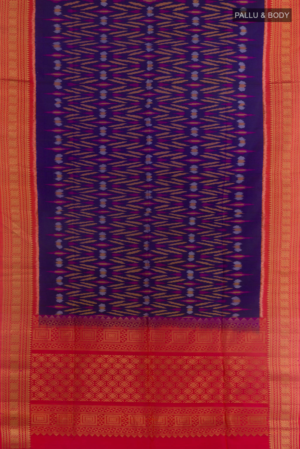 Flat view of Pure Silk Blue Soft Saree with Ikat design on the body and Zari Border. 