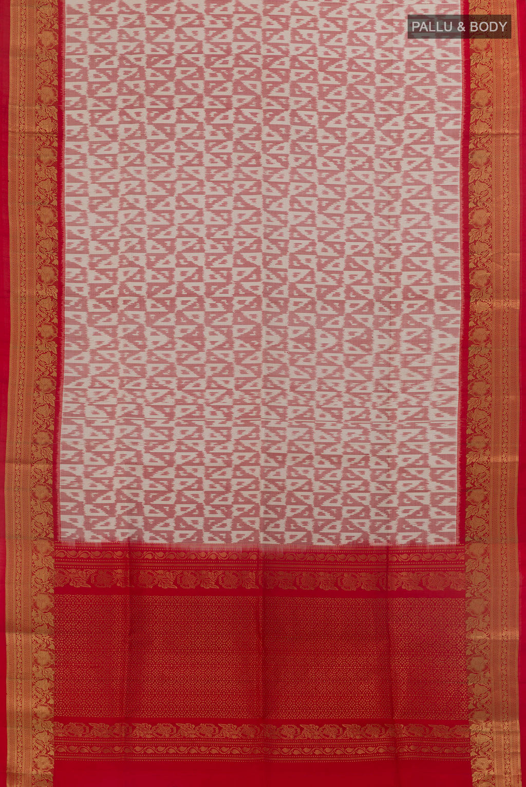 Flat view of Pure Silk Off White Soft Saree with Pure Ikat on the body and Zari Border. 