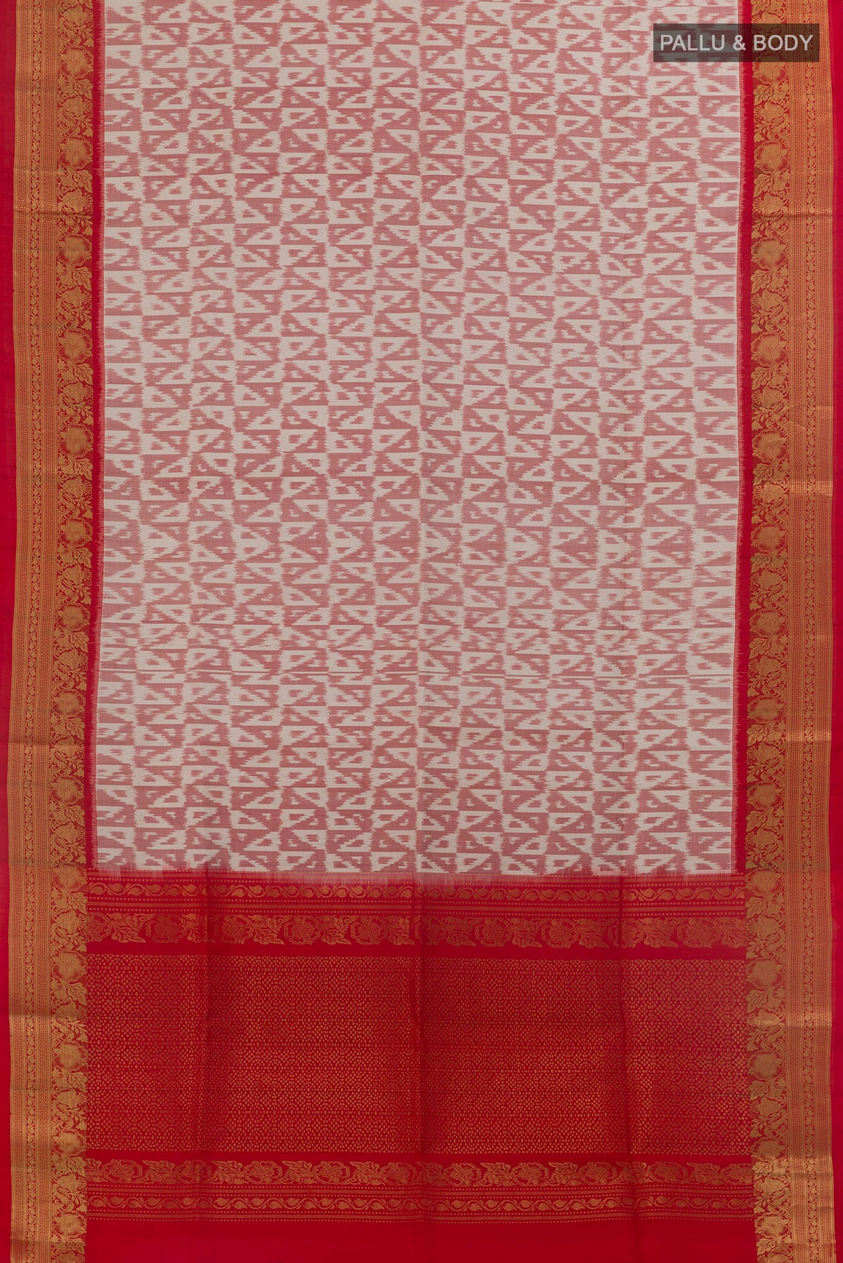 Flat view of Pure Silk Off White Soft Saree with Pure Ikat on the body and Zari Border. 