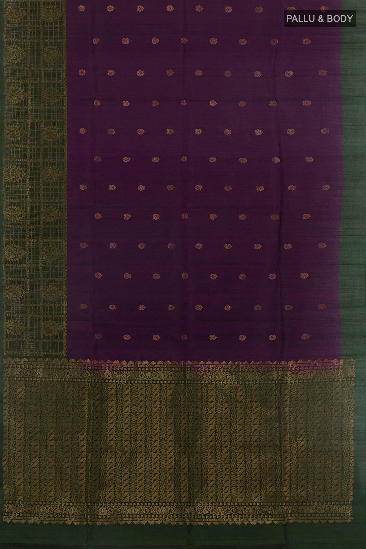 Flat view of Pure Silk Purple Soft Saree with Zari Butta on the body and Zari Border. 