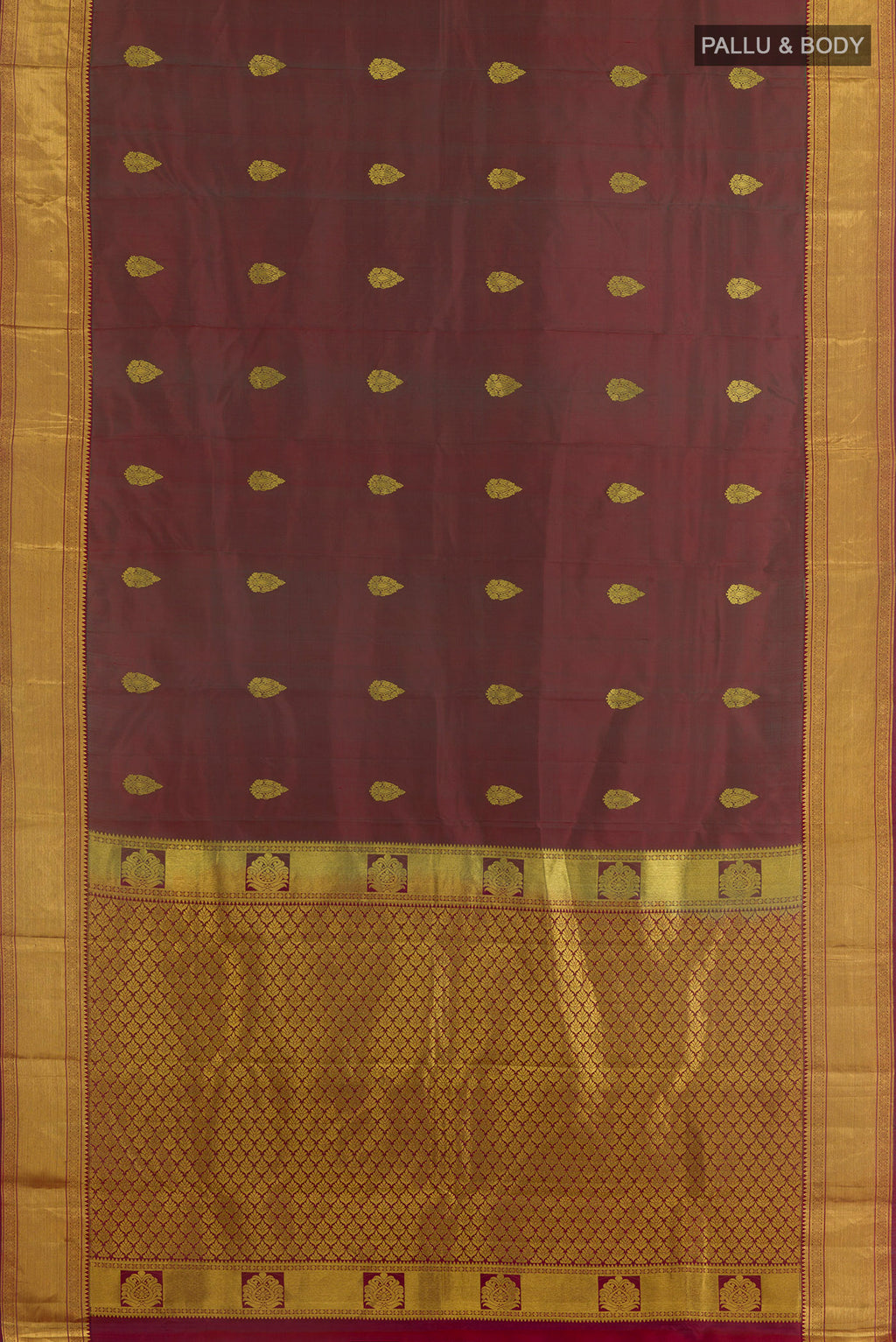Flat view of Pure Silk Green with Maroon Color Kanchipuram Saree with Zari Butta on the body and Zari Border. 