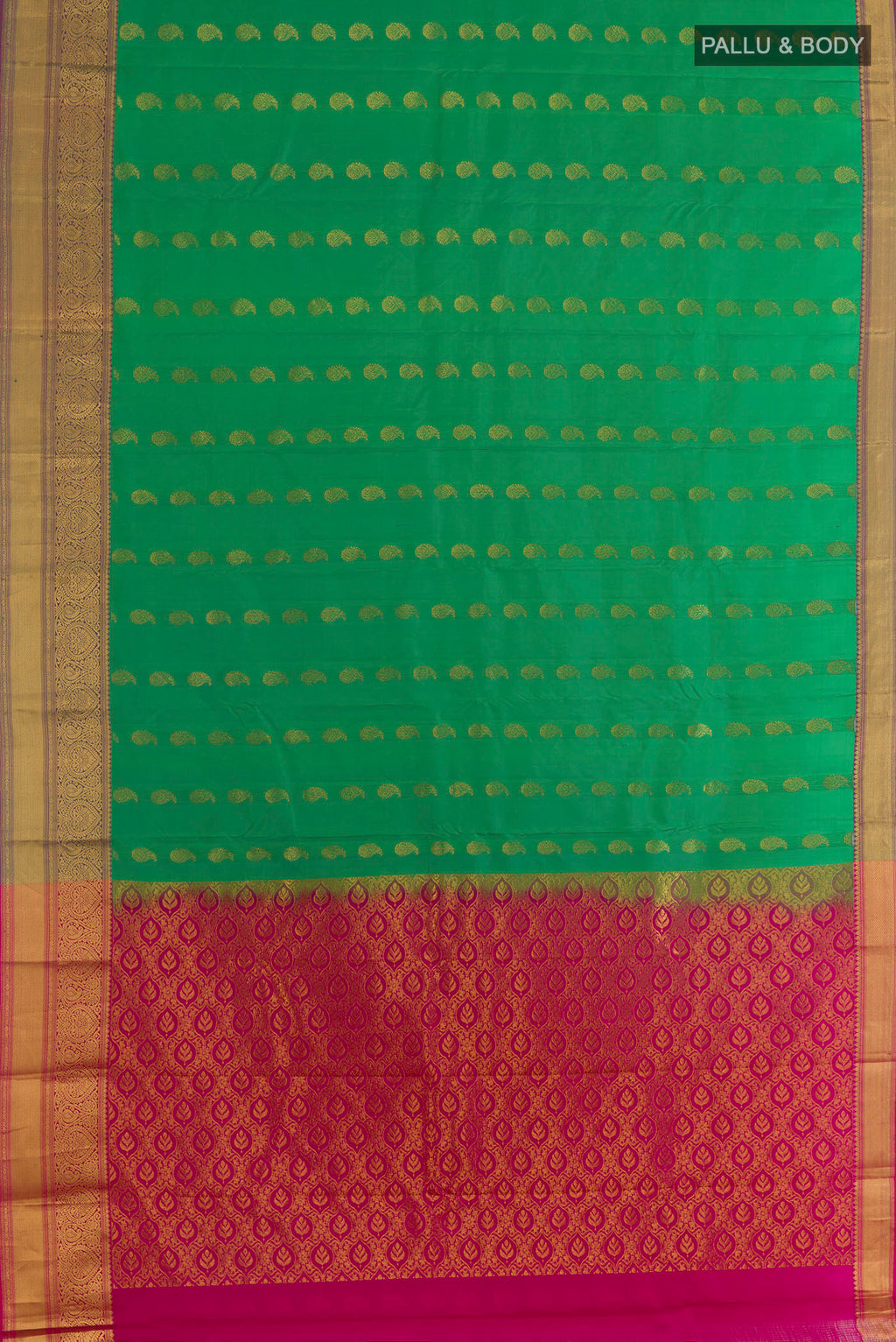 Flat view of Pure Silk Sea Green Kanchipuram Saree with Zari Butta on the body and Zari Border. 