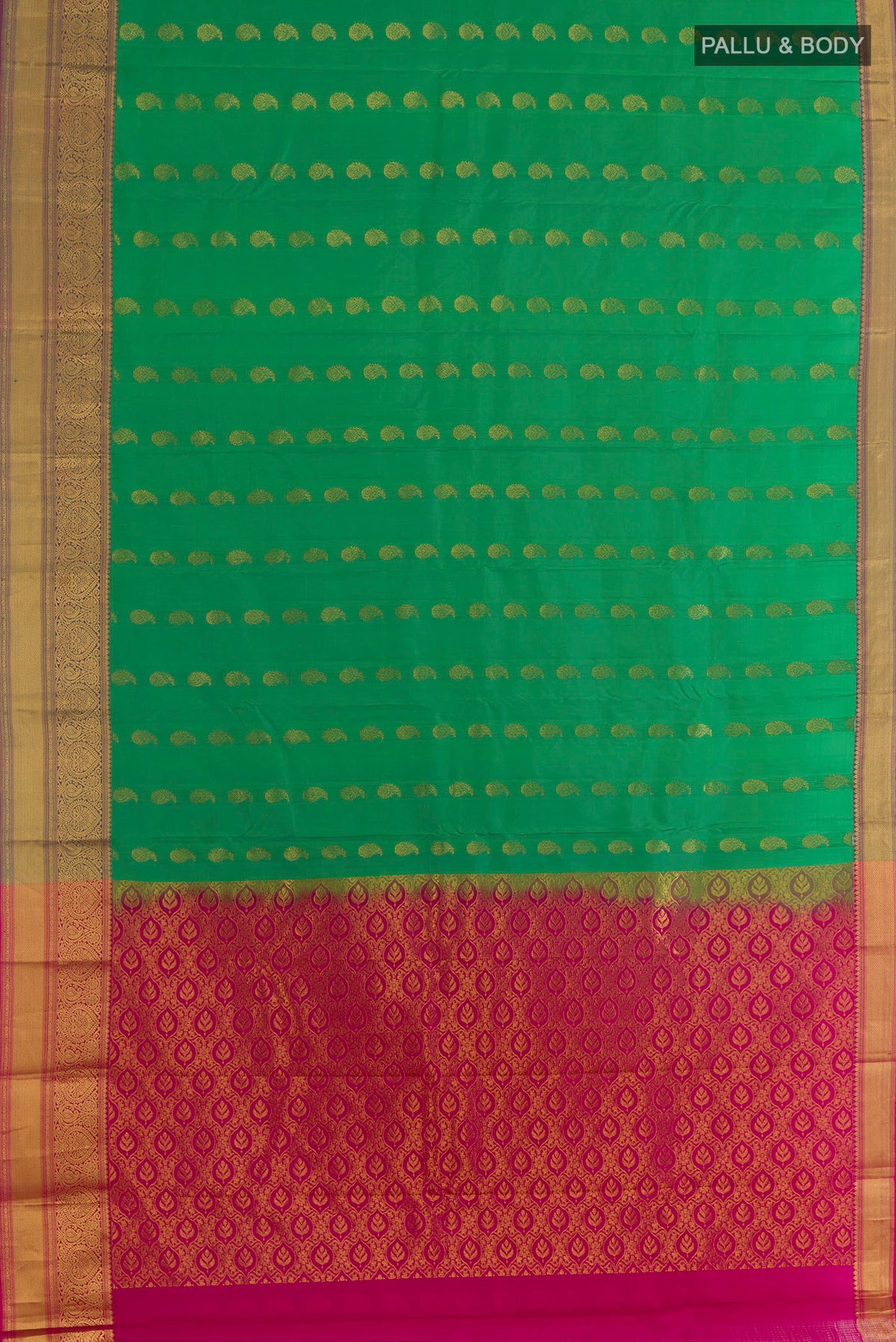 Flat view of Pure Silk Sea Green Kanchipuram Saree with Zari Butta on the body and Zari Border. 