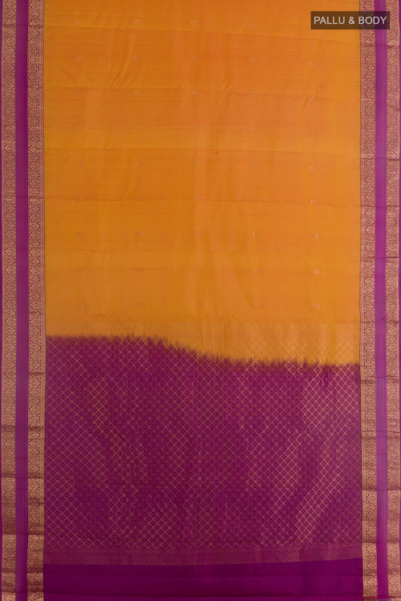 Flat view of Pure Silk Orange Kanchipuram Saree with Zari Butta on the body and Zari Border. 