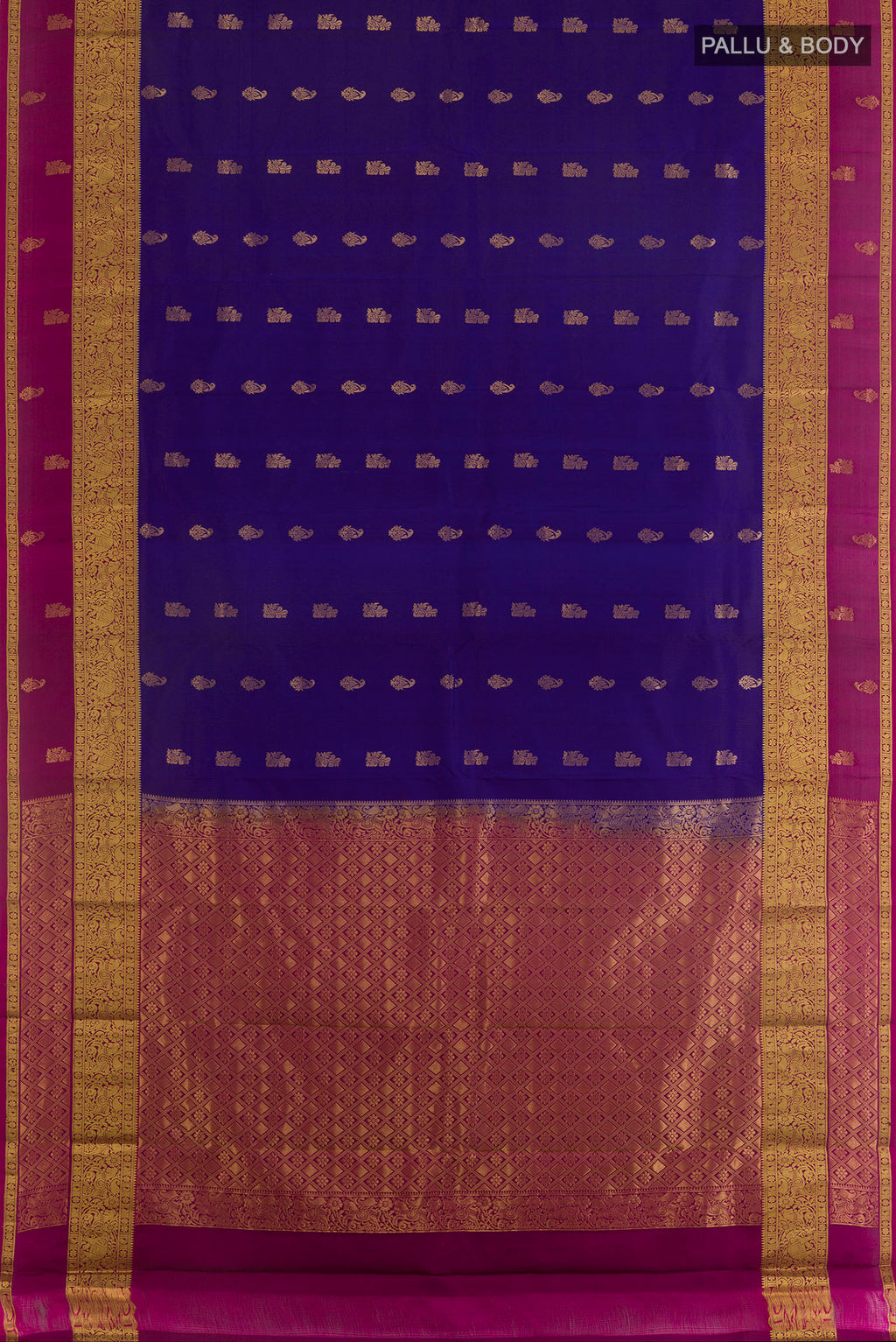 Flat view of Pure Silk Blue Kanchipuram Saree with Zari Butta on the body and Zari Border. 