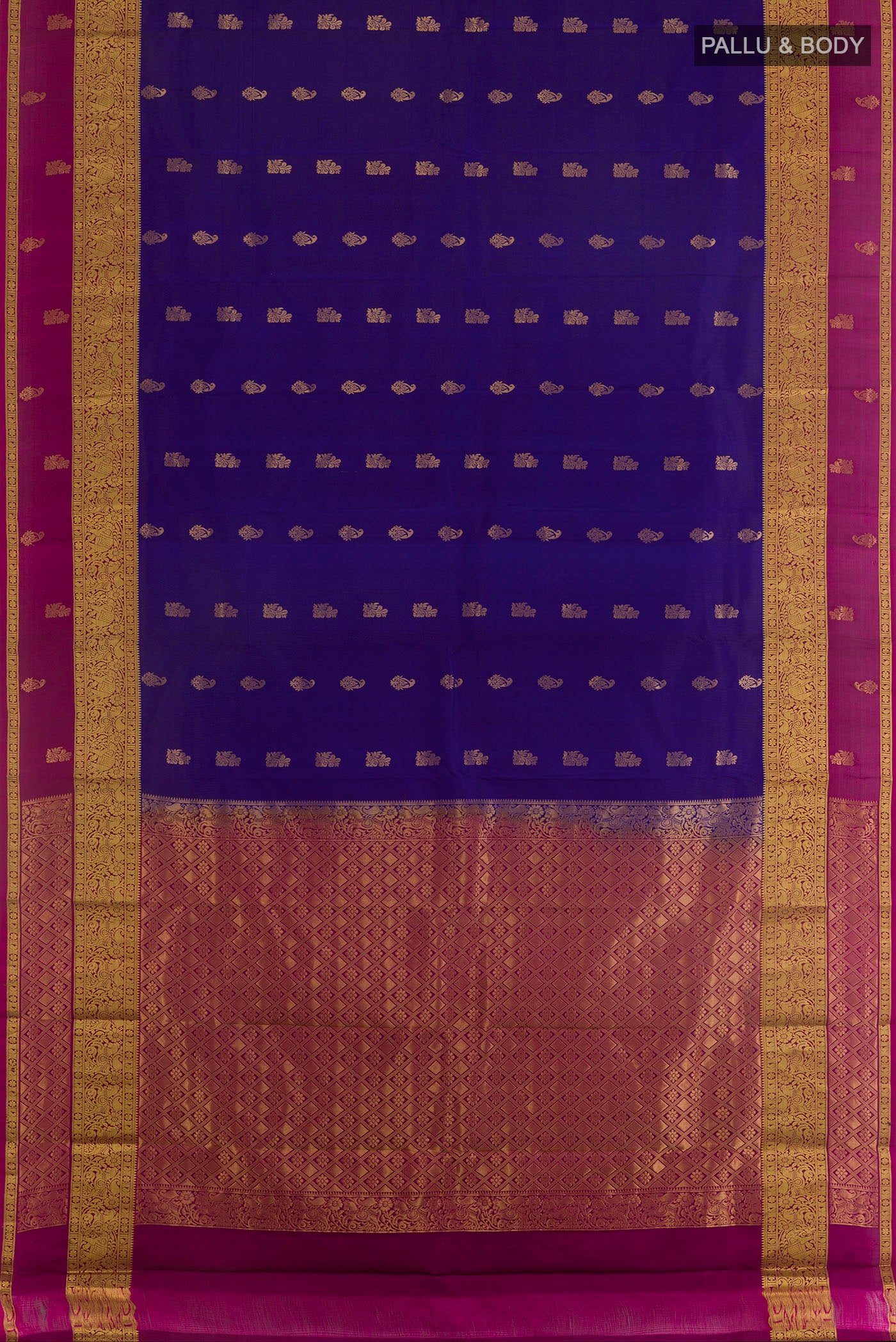 Flat view of Pure Silk Blue Kanchipuram Saree with Zari Butta on the body and Zari Border. 